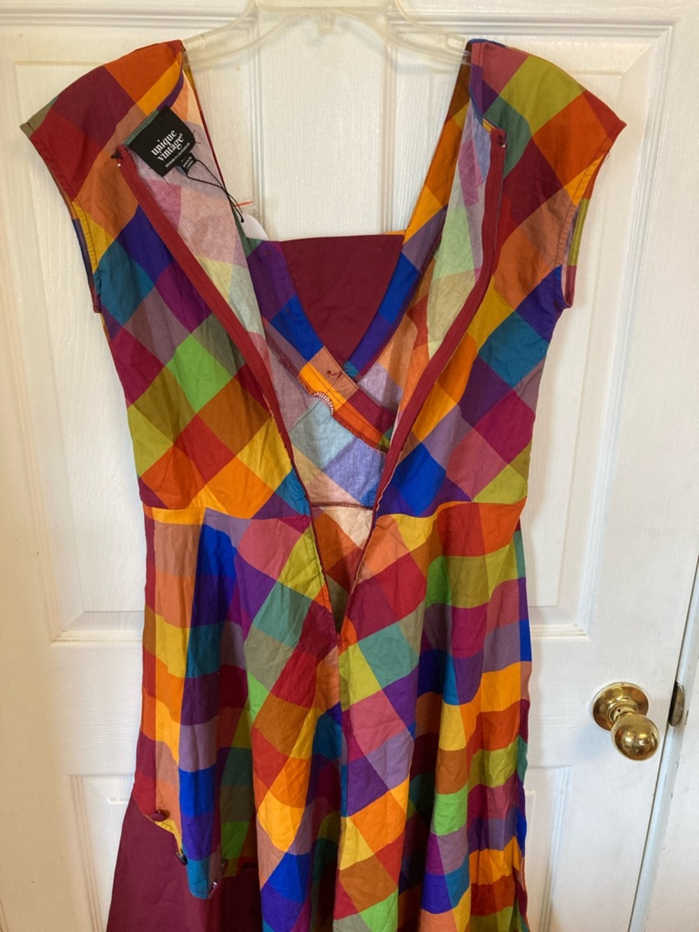 Unique Vintage Retro 50s Rainbow Plaid Fit-and-Flare Dress - Picture 5 of 12
